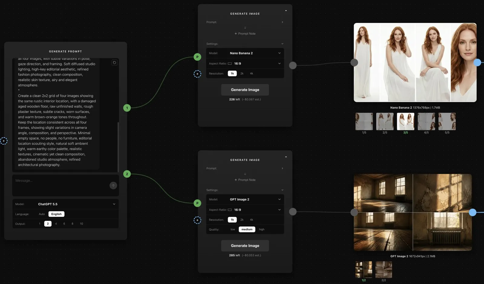 A Prompt node wired into an Image node, which feeds a grid of generated results