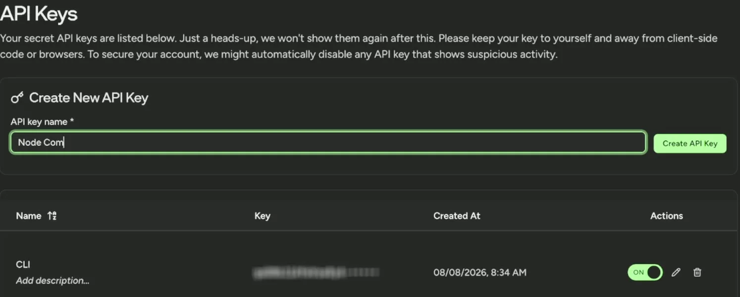 The Runware API Keys page, with a name typed into Create New API Key and the Create API Key button ready