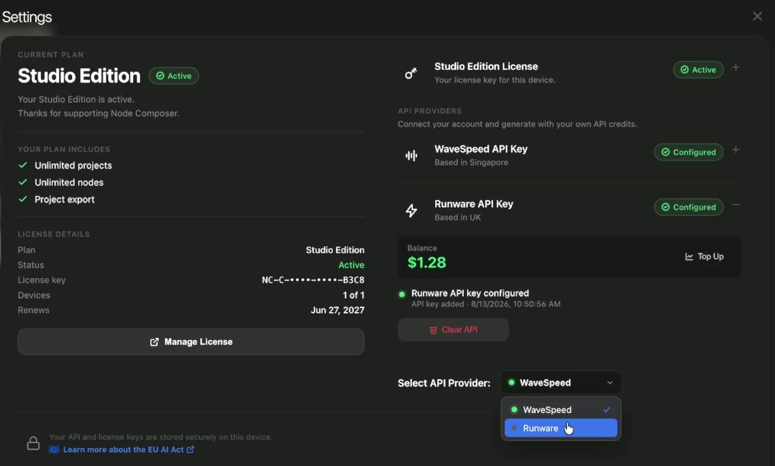 Node Composer Settings with Runware configured, the balance showing, and the Select API Provider picker open