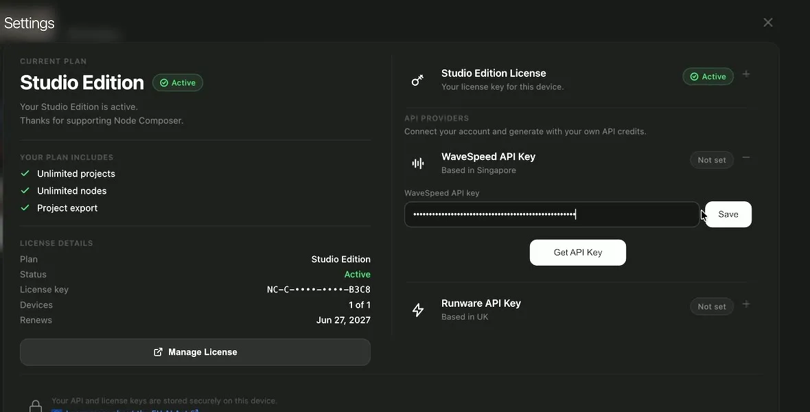 Node Composer Settings, the pasted key masked in the WaveSpeed API key field, next to the Save button