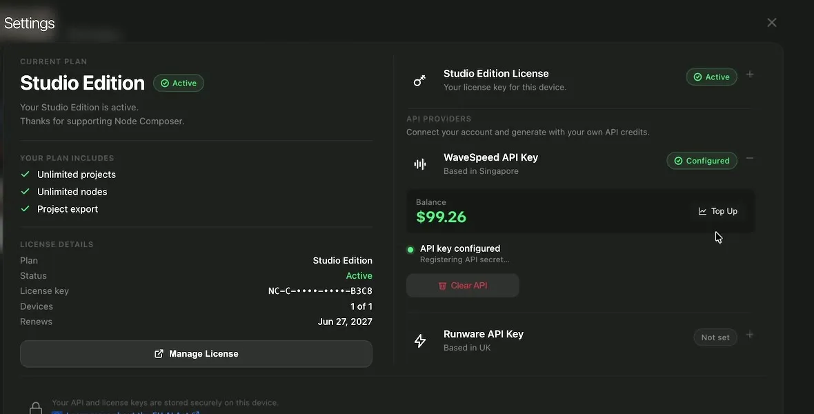 Node Composer Settings with WaveSpeed configured and the balance showing