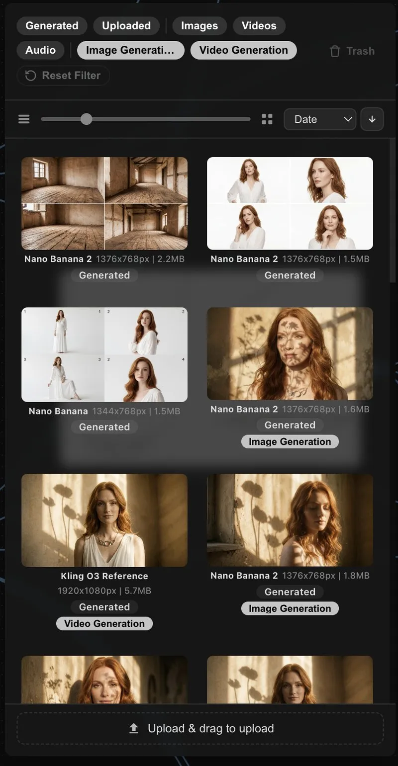 The Project Media Library panel with its filter chips, layout slider and sort controls